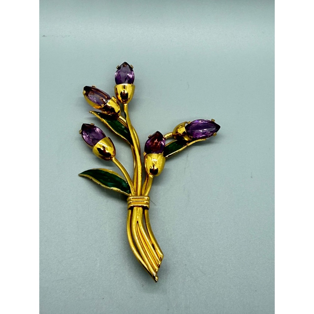 Vintage Gold Tone Purple Glass Enamel Flower Bouquet Brooch Large Statement - Picture 4 of 14